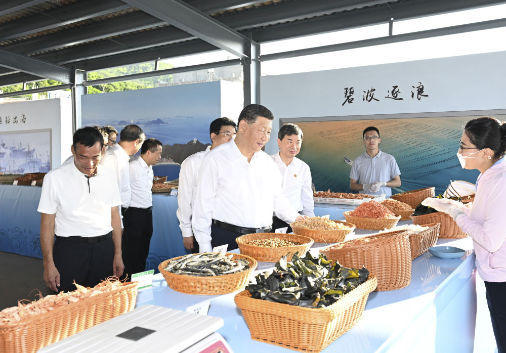 2024年10月15日，习近平在福建省漳州市东山县陈城镇澳角村考察时，了解海鲜干货和渔获产品交易情况。习近平指出：“村级党组织要发挥火车头作用，带领乡亲们做好‘海’的文章，在乡村振兴、共同富裕的道路上一往无前。”